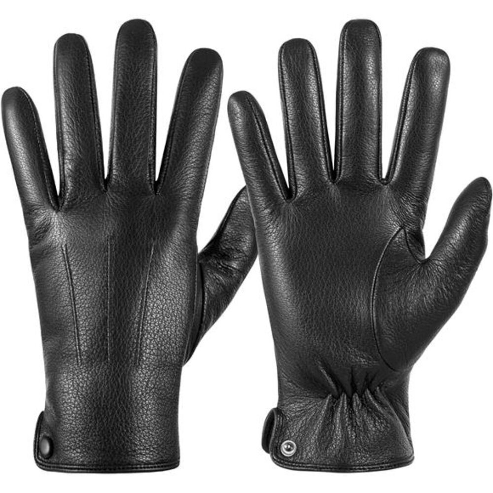 New Genuine Leather Gloves Cashmere Warm Lined Finger Touchscreen Black for Men